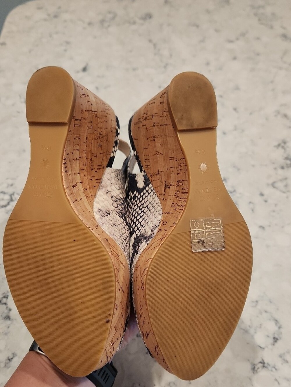 Stuart Weitzman Beige and Dark Navy Snake-Print Slingback Wedges - Picture 6 of 9